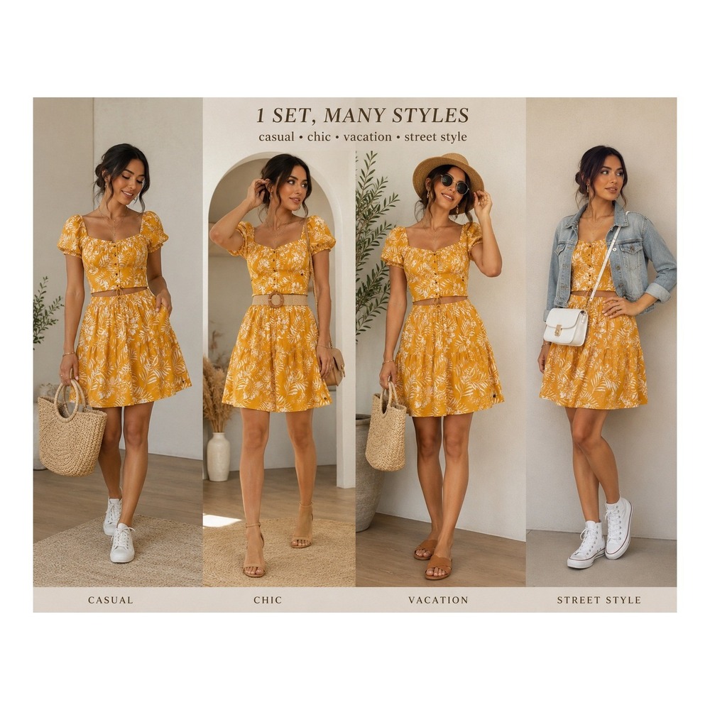 Roxy Women 2 Piece Set Mustard Yellow Tropical Floral Crop Top Mini Skirt Size M - Picture 1 of 8